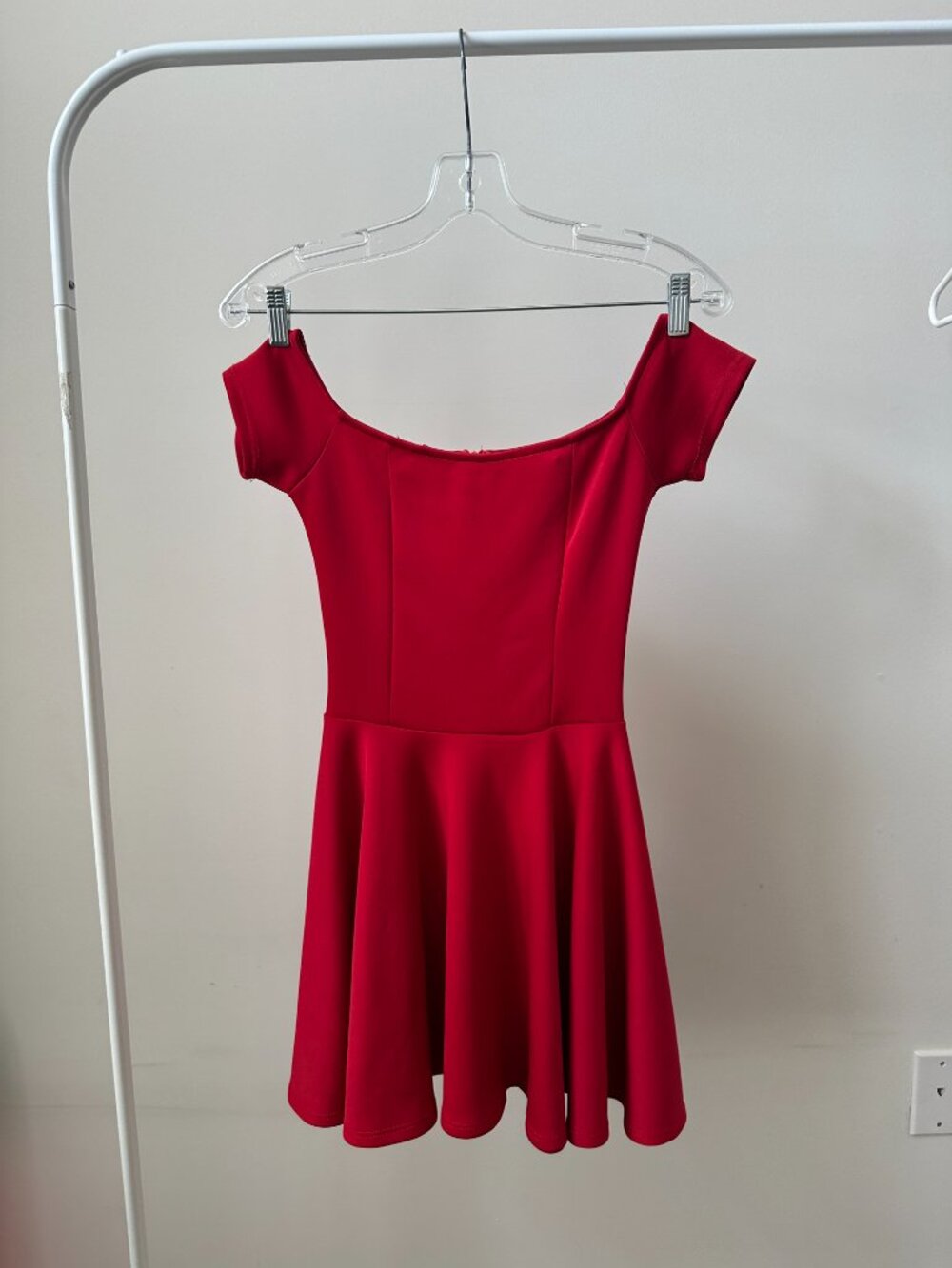 Red off the shoulder flare dress